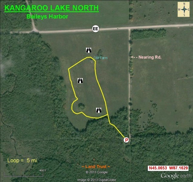 Aerial view map of Kangaroo Lake North in Baileys Harbor