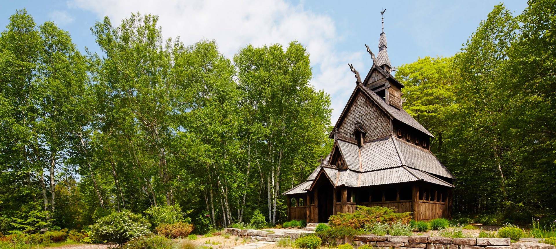 Wooden building in a clearing of trees