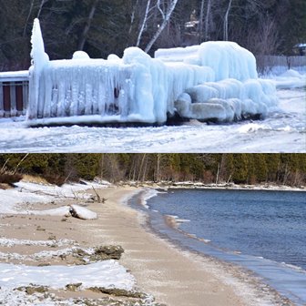 Ice-covered structures and a snow-covered beach.