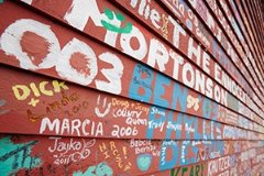 The graffiti-covered side of a building.