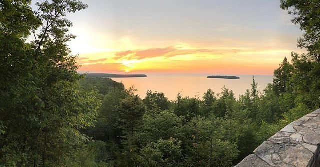 The sunset beyond the trees over the lake.