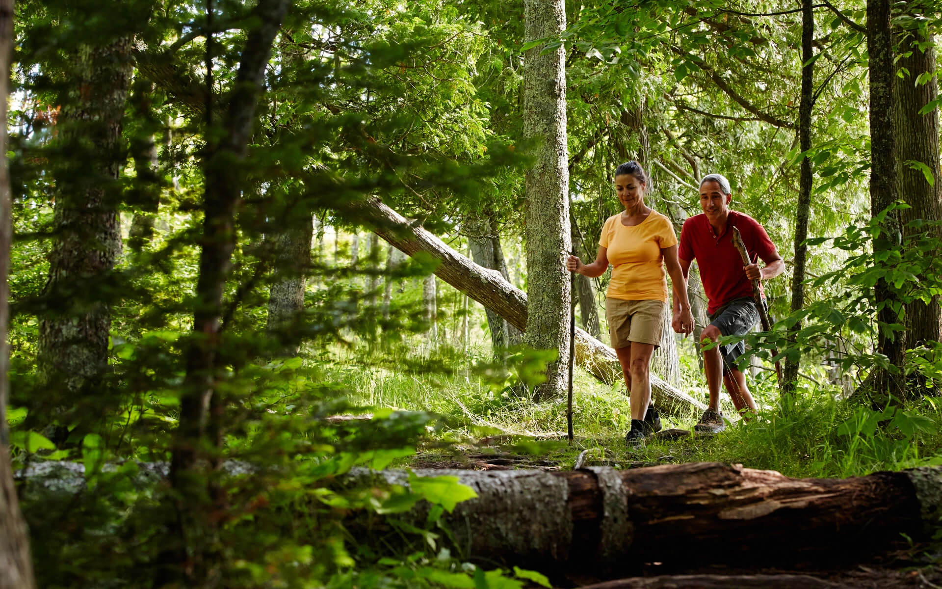 Couple hiking a path through the woods.