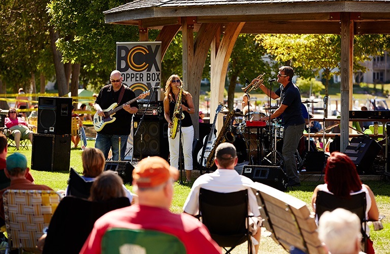 People watching a live band perform