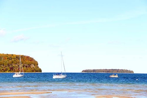 Sailboats in Eagle Harbor on a sunny day.