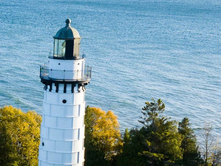 Top of a lighthouse overlooking the lake.