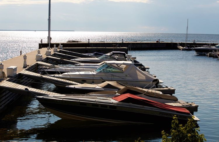 Boats docked at the Sister Bay Marina.