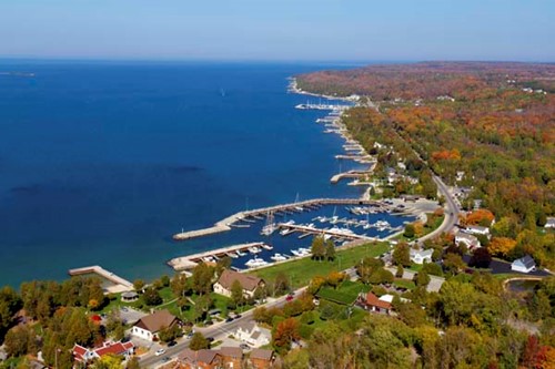 Aerial view of Sister Bay and the lake.