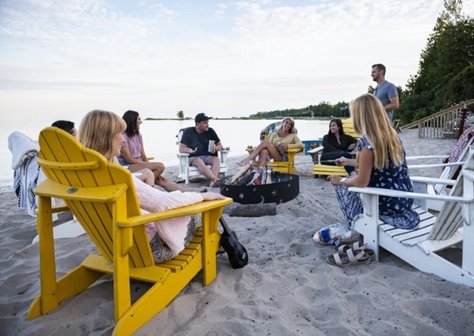 People sitting around a fire at the beach.